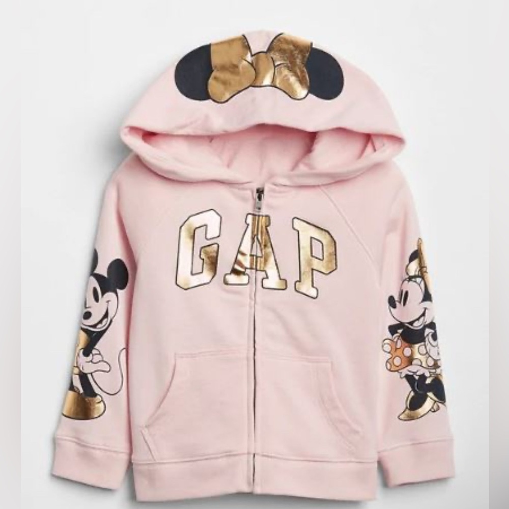 Gap x Disney Baby Pink Zip Up Hoodie Mickey Minnie Gold Logo Size 2T